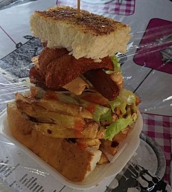 R45 - Toasted, Chips, Polony, Vienna, Lettuce, Cucumber, Cheese, Russian, Egg & 1/2 Patty